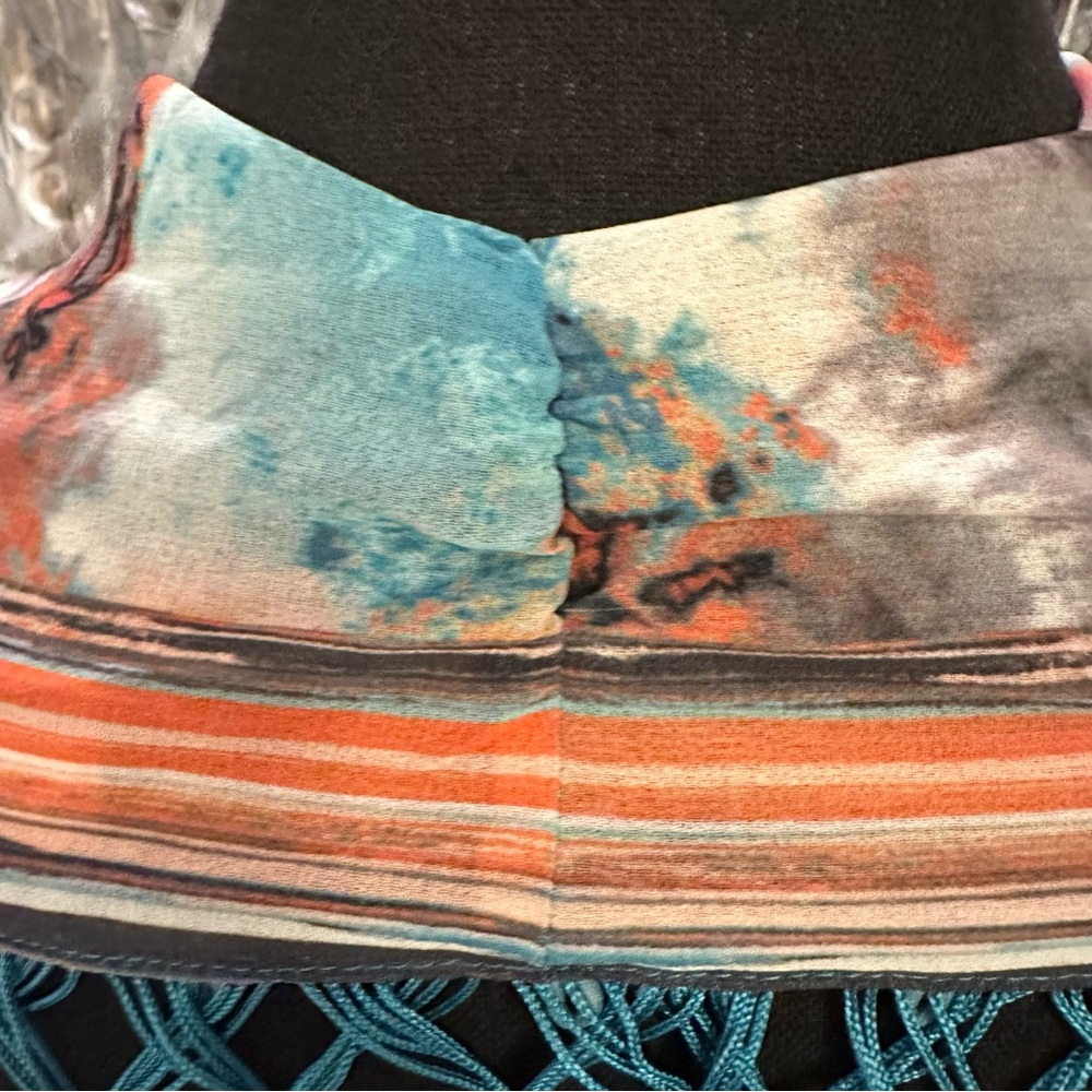 Teal & Orange Abstract Fringe Silk-Feel Scarf Wrap - Picture 7 of 7